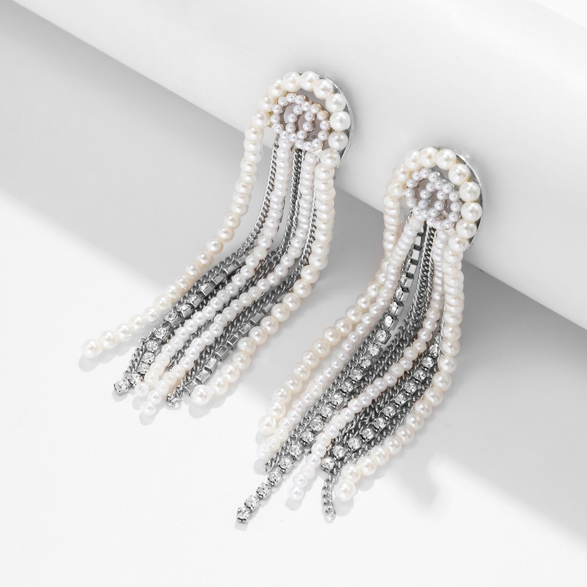 Jewelry Temperament Cold Imitation Pearl Chain Tassel Earrings Retro Versatile Double Ring Earrings Women