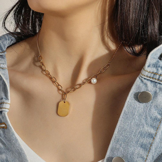 Trendy stainless steel English letter shield pendant collarbone chain fashion titanium steel LOVE pearl square necklace