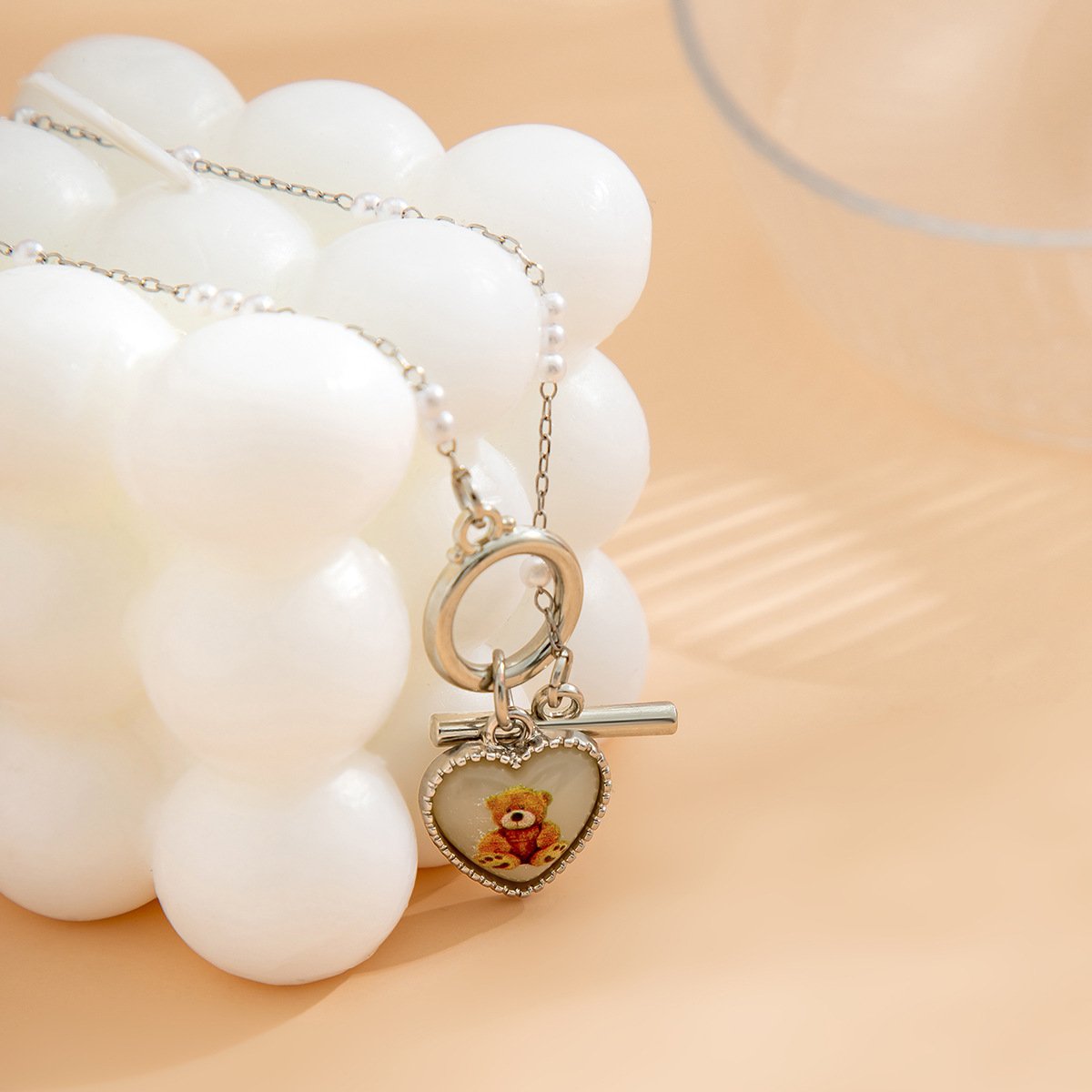 Jewelry small bear heart-shaped OT buckle necklace simple imitation pearl thin chain temperament necklace female