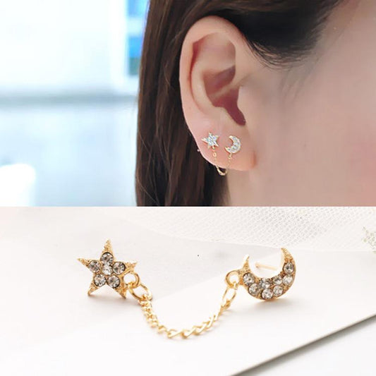 Star Moon Full Diamond Chain Earring Single Ear Double Hole Stud Earrings Fashion Jewelry