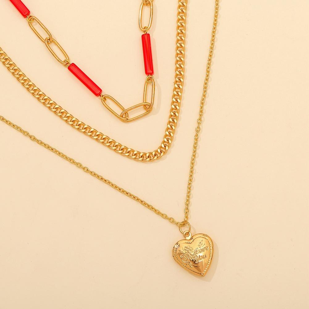 Retro three-layer stacked personalized crystal tube chain peach heart necklace creative openable love photo box pendant