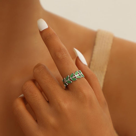 Fashion and simple temperament stainless steel wheat ears opening ring dripping oil green ring ladies jewelry