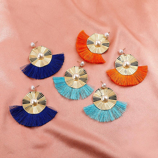 Exaggerated Metal Tassel Earrings Bohemian Fan-shaped Irregular Earrings Retro Geometric Pearl Earrings