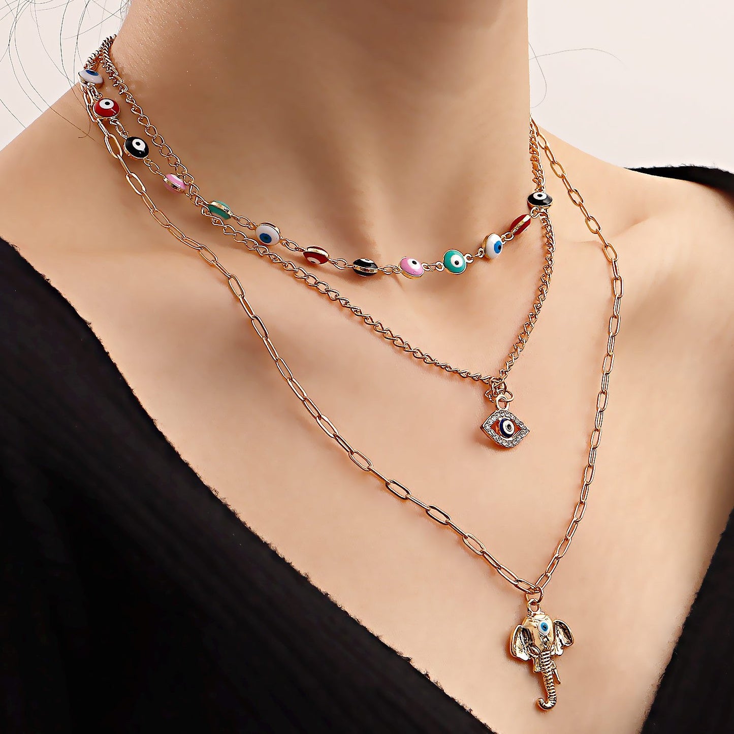 Jewelry Fashion Street Shooting Devil's Eye Elephant Trunk Pendant Necklace Female Punk Multi-layered Wearing Accessories