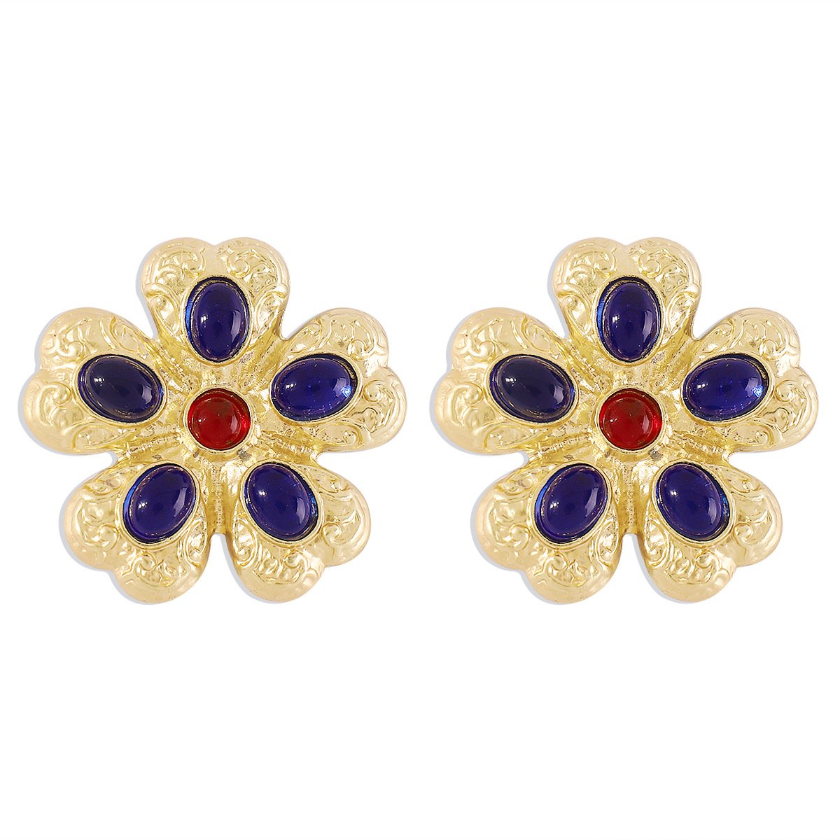 Retro Palace Geometric Flower Gemstone Earrings Personality Light Luxury Temperament Elegant Embossed Creative Earrings
