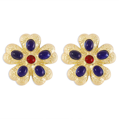 Retro Palace Geometric Flower Gemstone Earrings Personality Light Luxury Temperament Elegant Embossed Creative Earrings