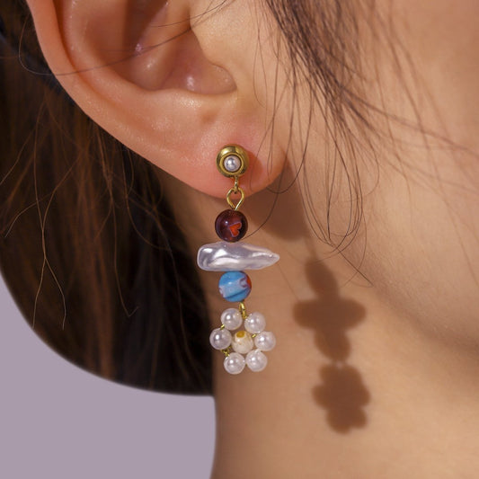 Ethnic Fashion Personality Stainless Steel Baroque Small Flower Earrings Titanium Steel Temperament Beaded Pearl Earrings Jewelry Women