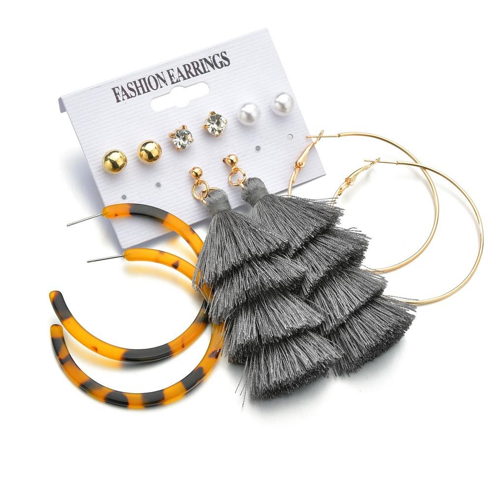 Accessories Creative Leopard Print Acrylic Stud Earrings Bohemian Layered Tassel Earrings Set