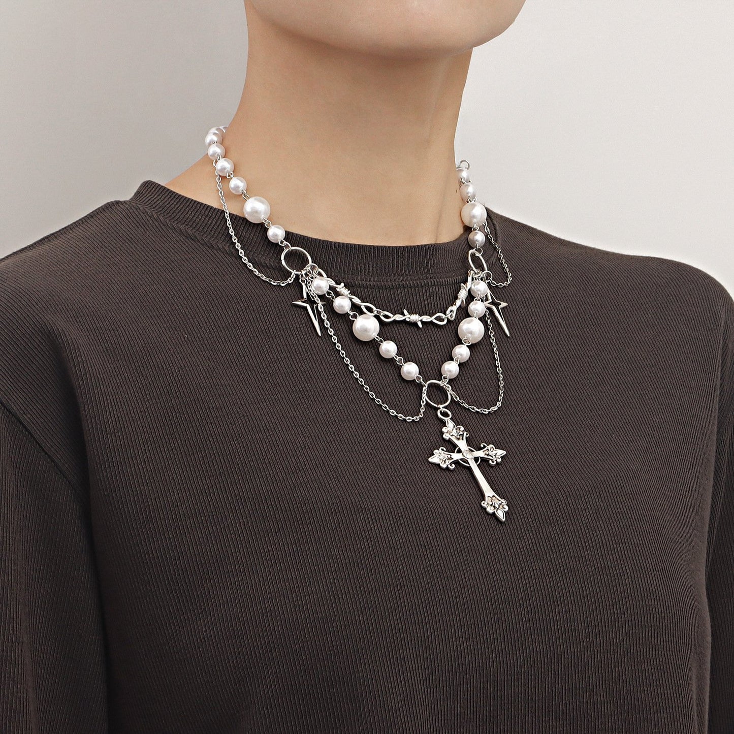 Jewelry niche design double-layer highlight pearl tassel cross star cross necklace female all-match