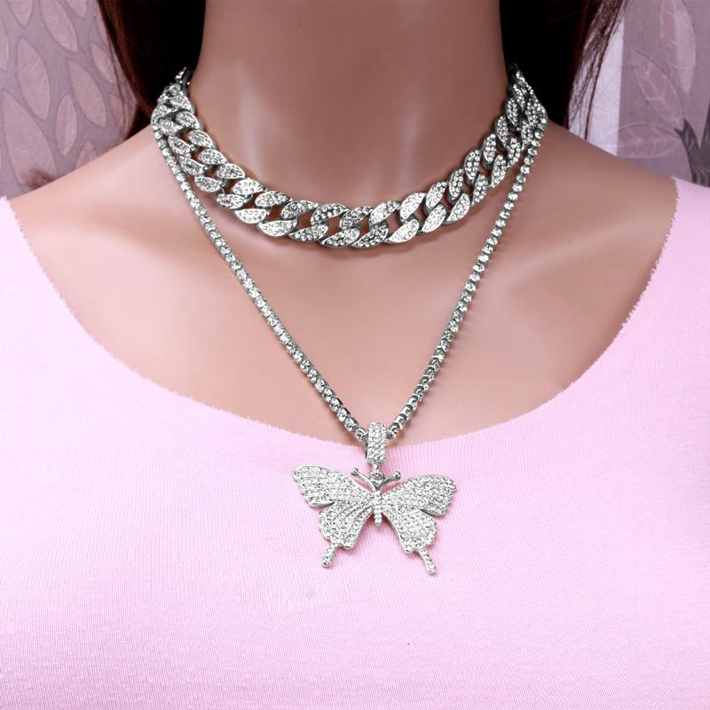 Jewelry Exaggerated Micro-inlaid Rhinestone Geometric Necklace Women's Retro Suit Cuban Chain Big Butterfly Necklace