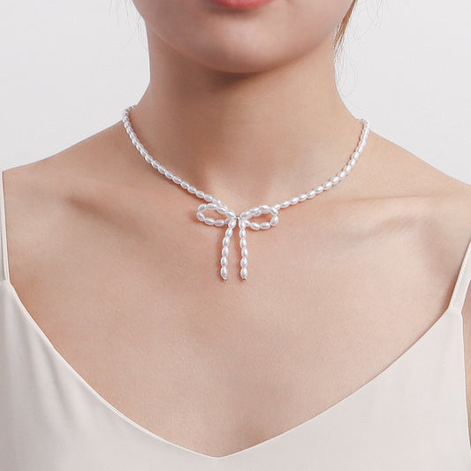 Jewelry choker bow imitation pearl necklace female minority design sense light luxury beaded necklace