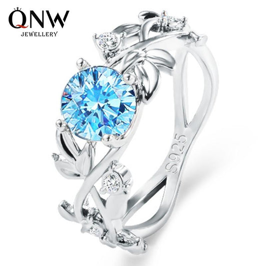 Fashion OL Popular Leaf Leaves Diamond Zircon Ring 925 Silver Sapphire Copper Jewelry