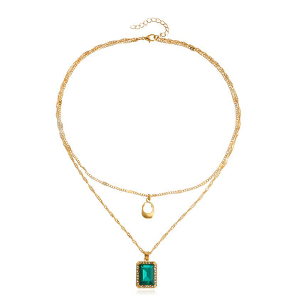 Jewelry French Double Layer Clavicle Chain Imitation Emerald Necklace Hollow Geometric Pendant Necklace Ladies