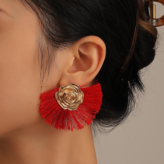 Ins fan-shaped tassel earrings female Bohemian ethnic exaggerated rose geometric earrings temperament