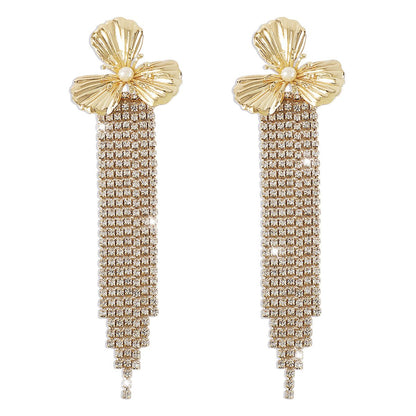 193 Exaggerated Long Earrings Claw Chain Tassel Rhinestone Temperament Light Luxury Earrings Sweet Cool Flower Earrings