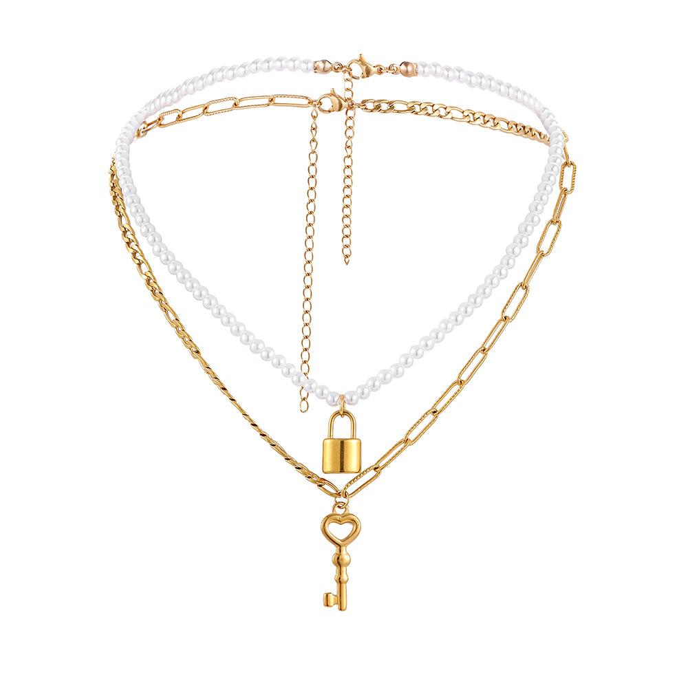 Fashion personality double stainless steel golden key concentric lock pendant pearl necklace female jewelry