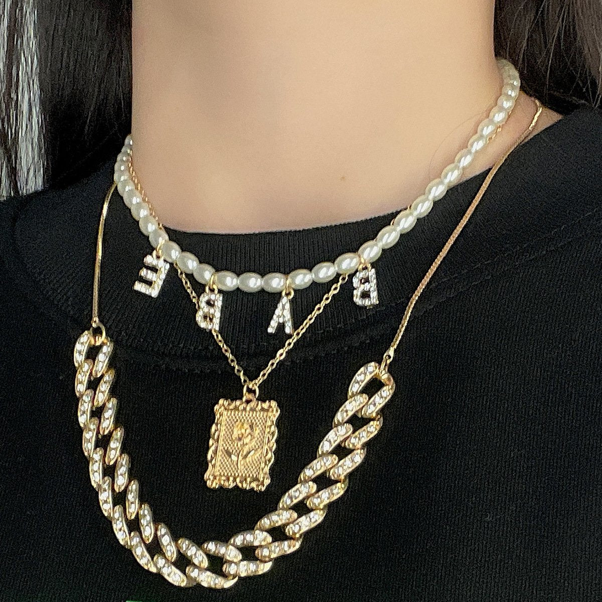 Jewelry Hip Hop Simple Full Diamond Cuban Chain Necklace Vintage Diamond Alphabet Pearl Tag Necklace
