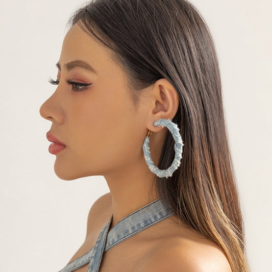 Jewelry Retro Exaggerated Denim Printed Cloth Earrings Earrings Female Simple Wrapping Ring Earrings