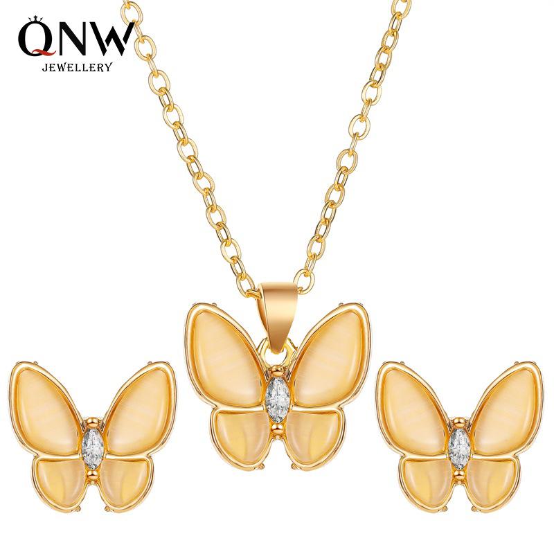 Set Jewelry Simple and Versatile Opal Butterfly Necklace Temperament Elegant White Fritillaria Butterfly Earrings