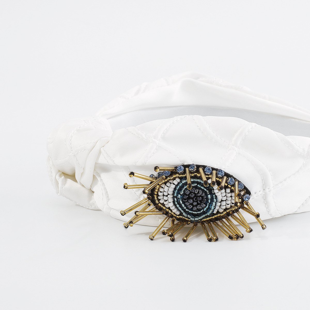 F4885 Exaggerated Creative Knotted Fabric Headband Rice Beads Contrasting Color Eyes Personality Micro-inlaid Plaid Headband Female