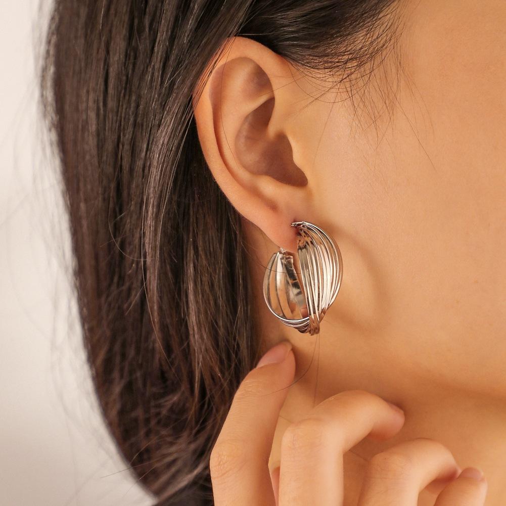 Retro Hong Kong C-Shaped Earrings Frosty Cross Metal Line Simple Earrings Jieyue Jewelry