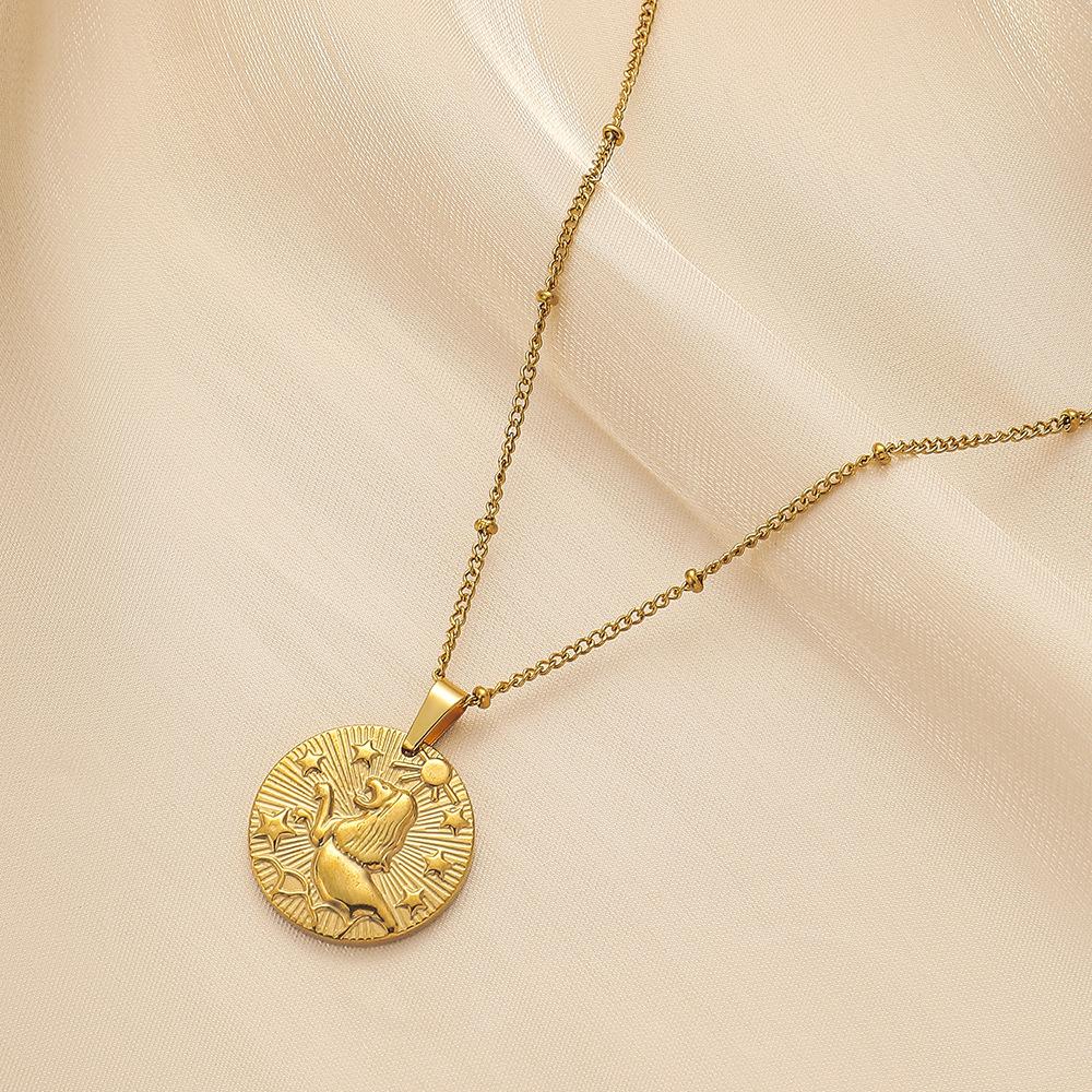 Stainless steel golden round twelve constellation coin embossed necklace light luxury niche design simple and versatile clavicle chain