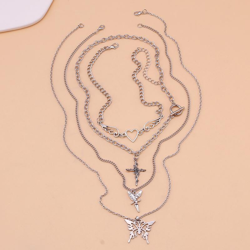 Temperament trendy female clavicle chain fashion little angel necklace personality cross butterfly pendant multi-layer necklace
