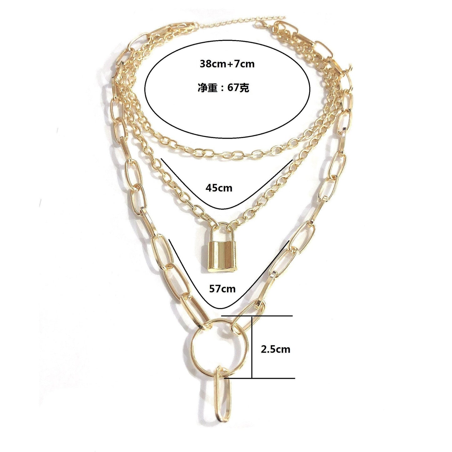 Necklace Retro Punk Exaggerated Thick Chain Necklace Women's Multilayer Hip Hop Lock Necklace Sweater Chain