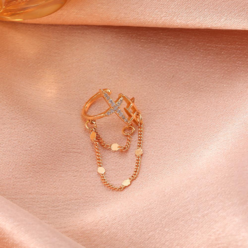 Simple diamond-studded tassel four-pointed star ear clip single fashion personality cross chain earrings without piercing earrings