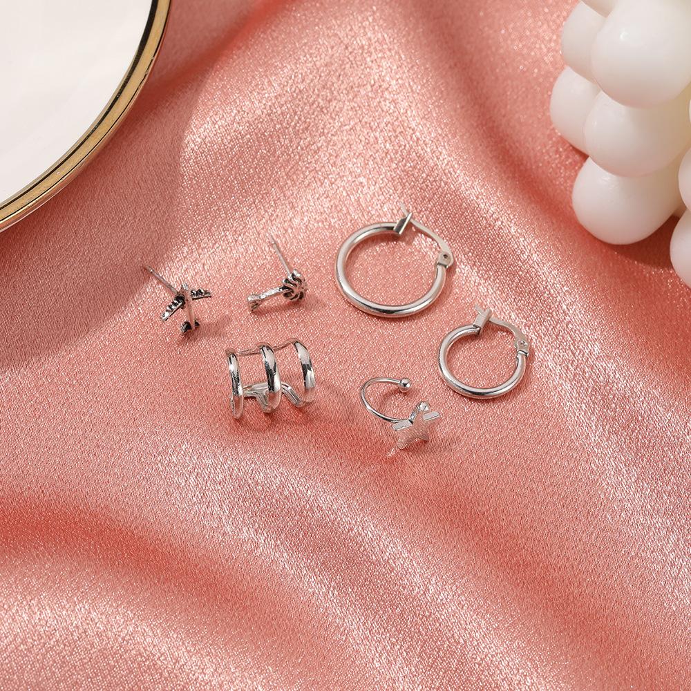Fashion retro ins set earring personality creative star plane coconut tree 5-piece set ear clip earrings