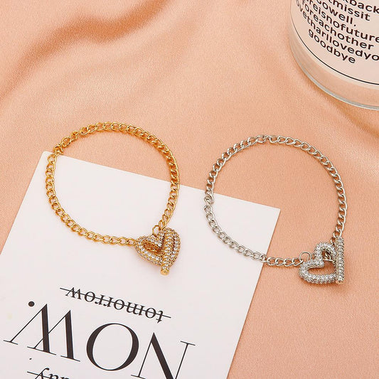 Ins minimalist love bracelet female retro fashion copper inlaid zircon heart-shaped OT buckle bracelet personalized jewelry female