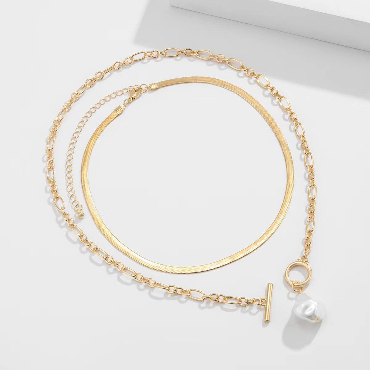 Fashion Hip Hop OT Buckle Flat Snake Bone Necklace Jewelry Baroque Shaped Imitation Pearl Necklace Female