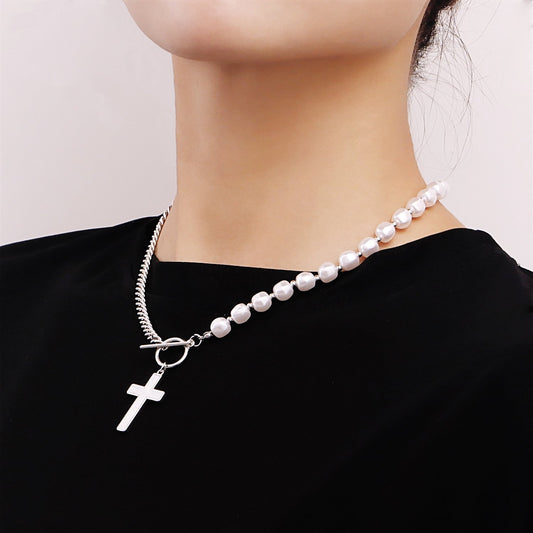 Jewelry Stitching Chain Mix and Match Beaded Imitation Pearl Necklace Cross Fritillary Pendant Necklace Light Luxury