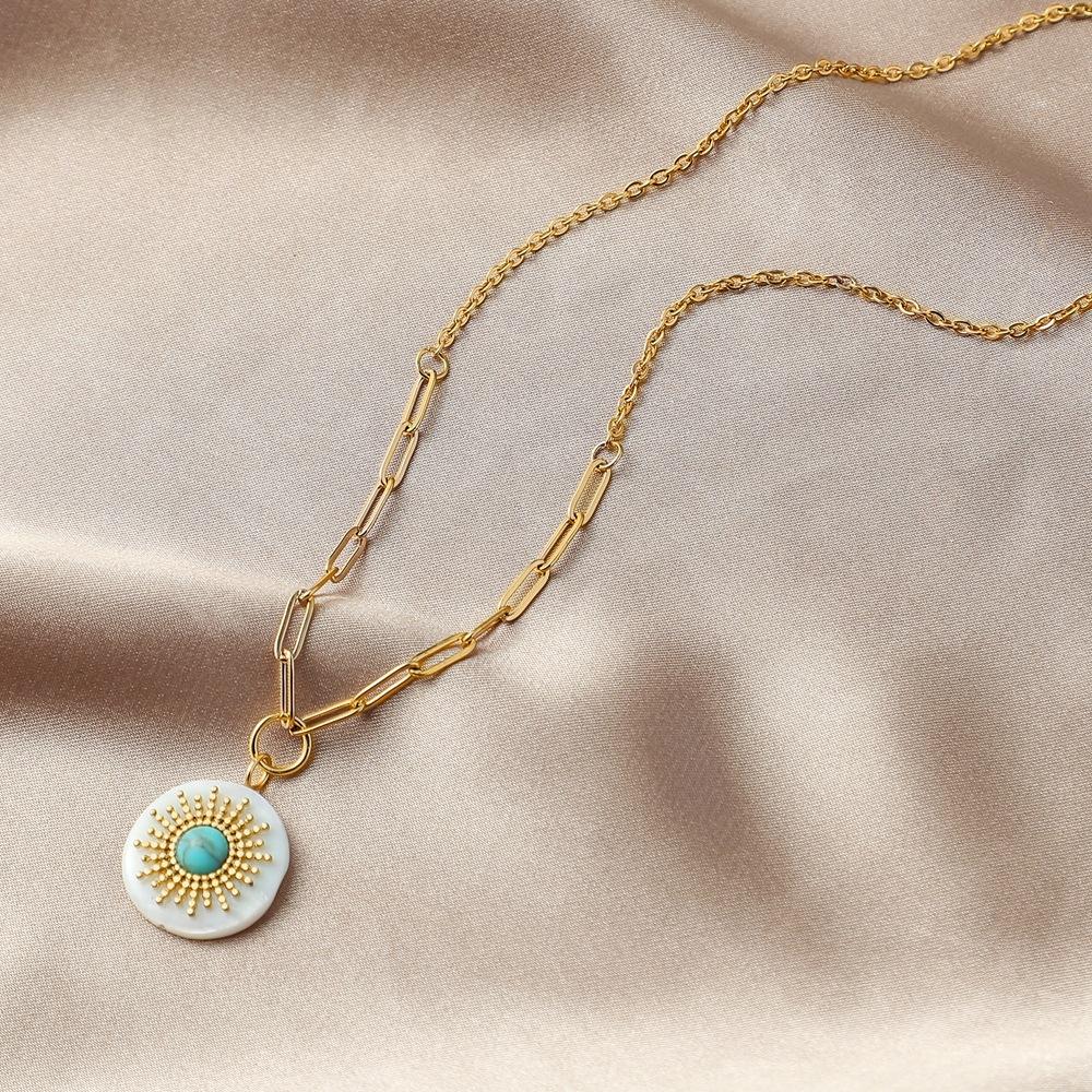 Fashion Jewelry Simple Stainless Steel Sun Turquoise Shell Pendant Necklace Fashion Titanium Steel Clavicle Chain