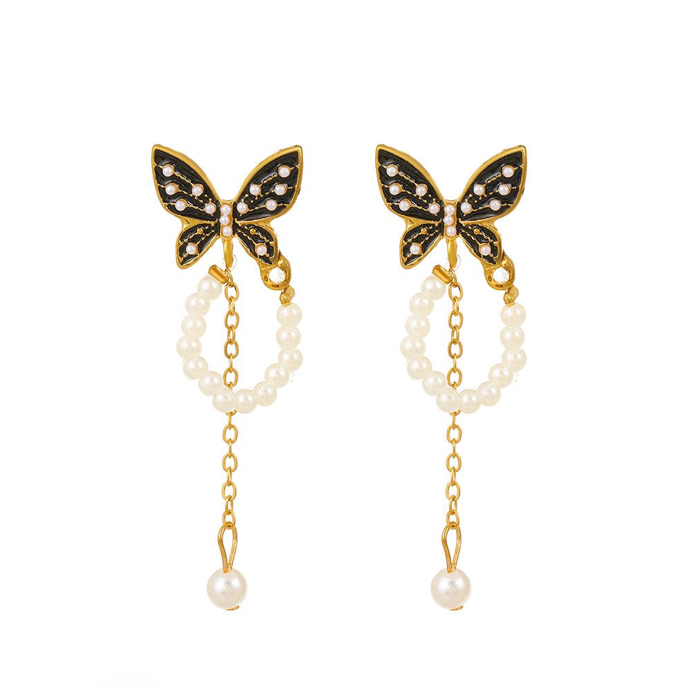 ins black butterfly earrings French light luxury niche design pearl chain tassel earrings sweet earrings