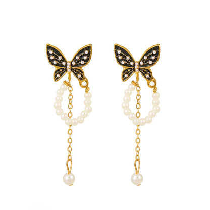 ins black butterfly earrings French light luxury niche design pearl chain tassel earrings sweet earrings