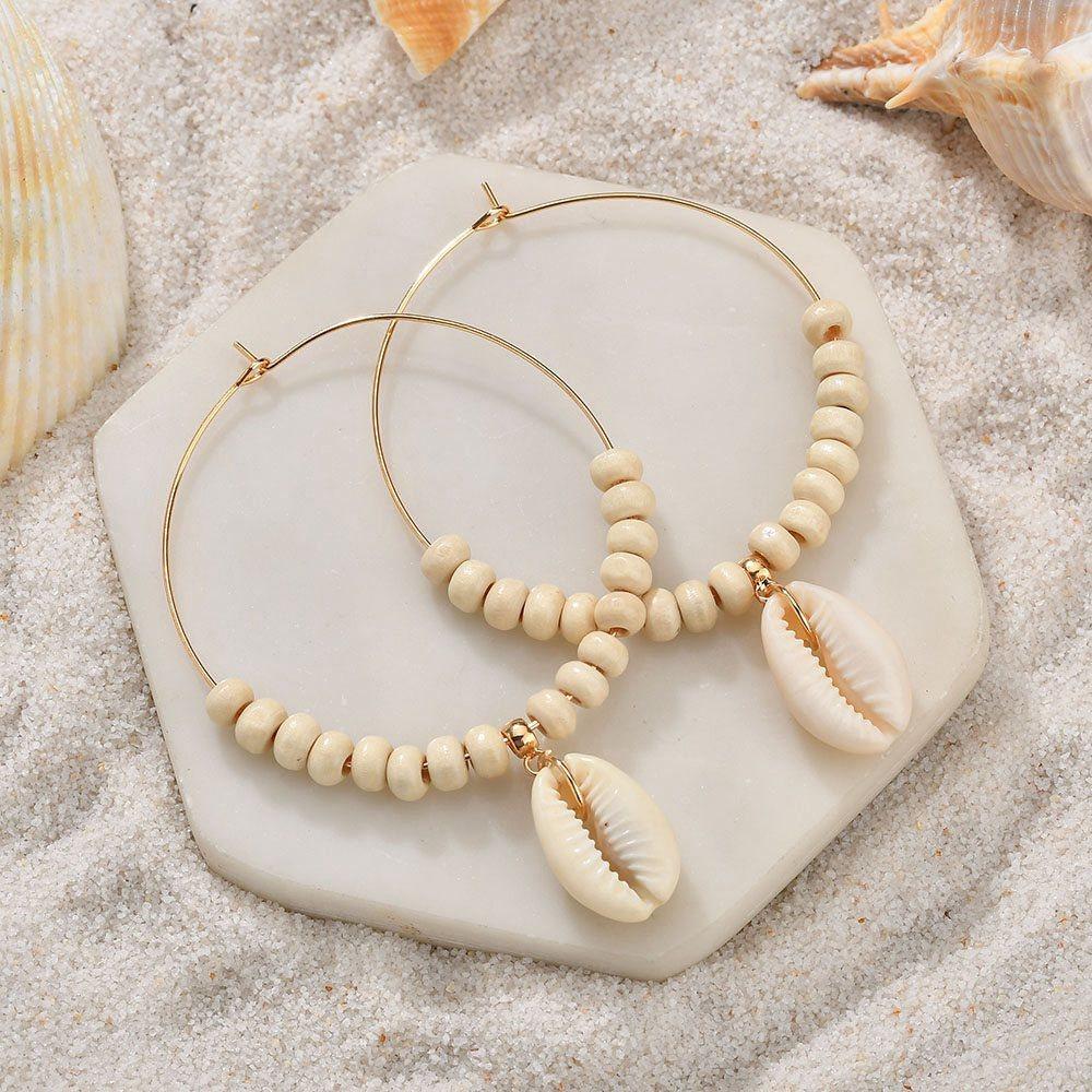 accessories seashell earrings boho beige beads large earrings jewelry