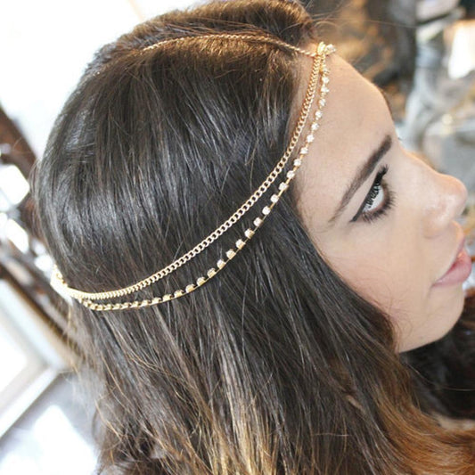 Bohemian Fan Metal Tassel Chain Rhinestone Headband Headdress Hair Band Head Chain