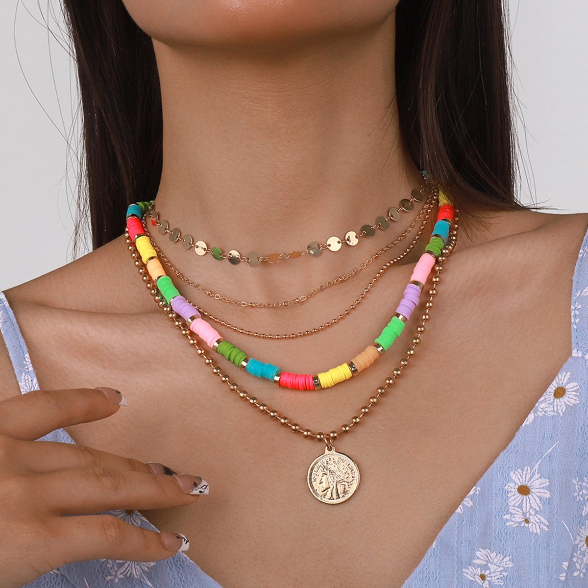 N1489 Bohemian ethnic soft pottery necklace colorful disc personality stacked holiday necklace