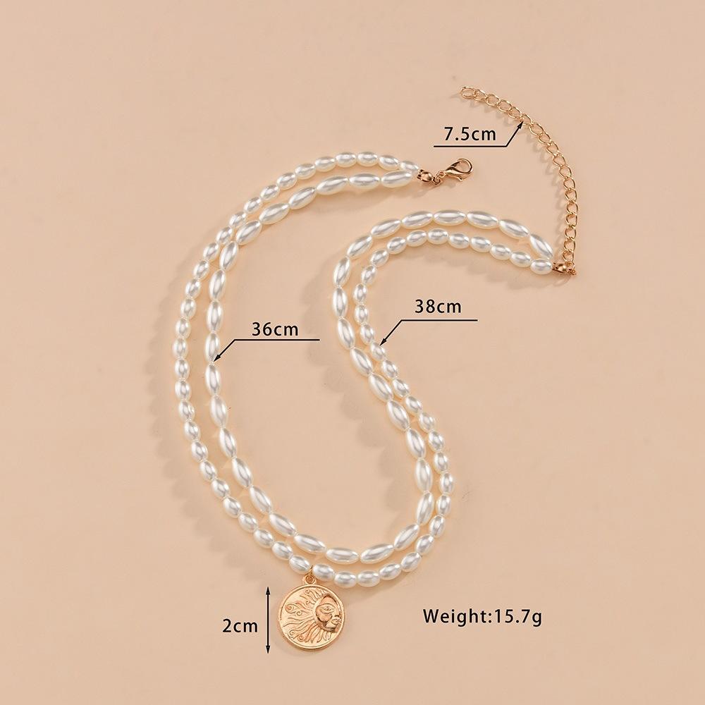 Elegant Temperament Double Imitation Pearl Necklace Fashion Alloy Sun Pendant Necklace Accessories