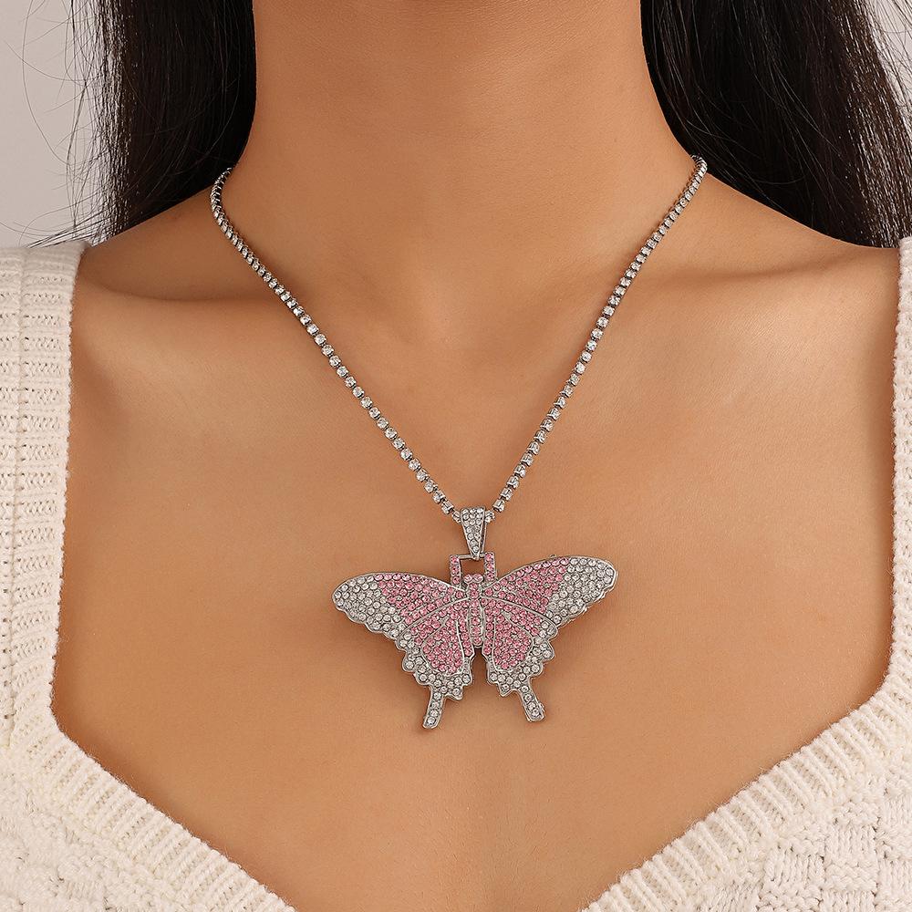 Ins full diamond Cuban butterfly necklace retro personality exaggerated butterfly pendant necklace fashion hip-hop accessories