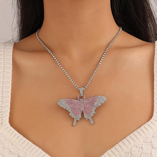 Ins full diamond Cuban butterfly necklace retro personality exaggerated butterfly pendant necklace fashion hip-hop accessories