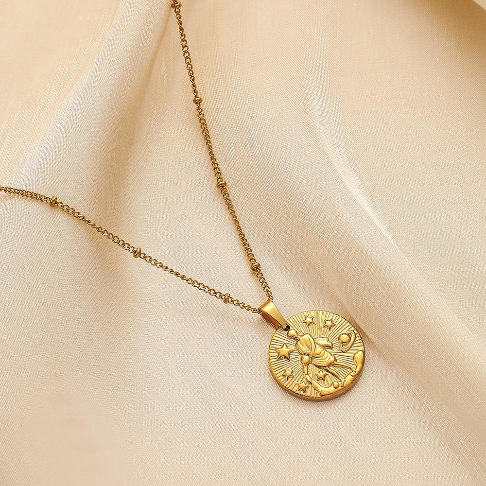 Stainless steel golden round twelve constellation coin embossed necklace light luxury niche design simple and versatile clavicle chain