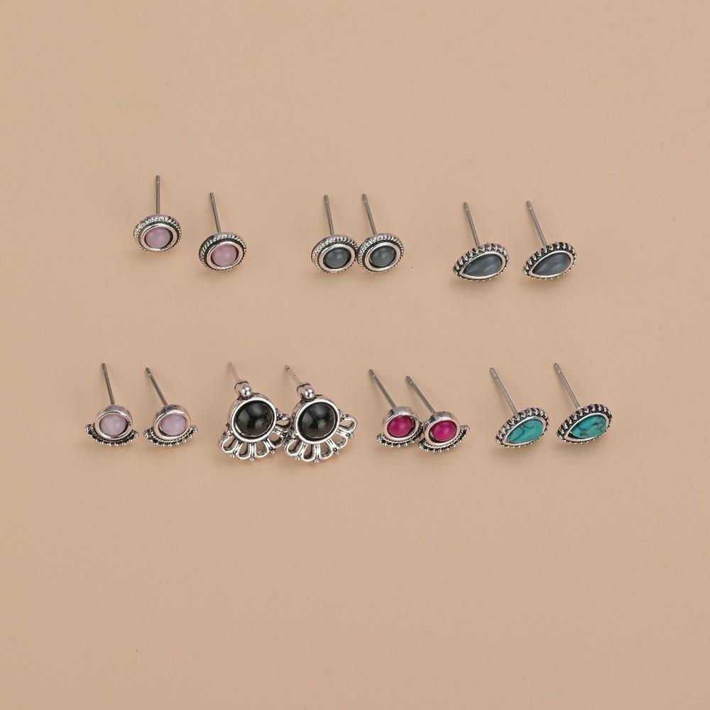 Fashion Retro Resin Alloy Small Stud Earrings Water Drop Oval Geometric Multi-Piece Set Earring Accessories