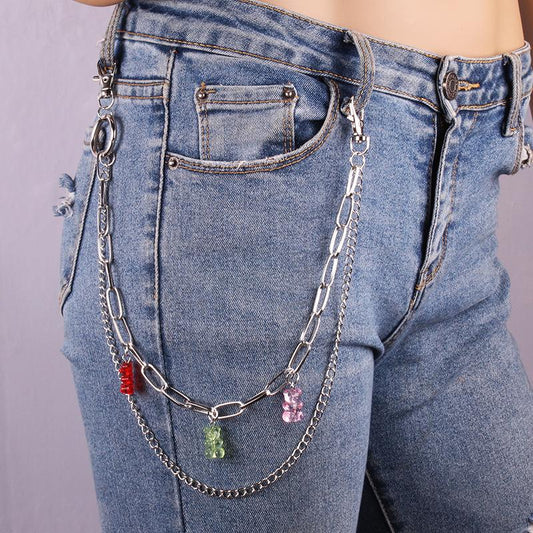 Jewelry bungee di soil cool girl transparent jelly color three bears double waist chain pants chain