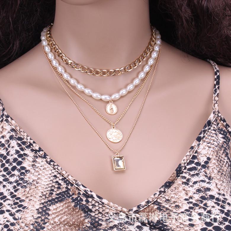 Jewelry Retro Multi-layer Mix and Match Imitation Pearl Necklace Simple Geometric Embossed Necklace Female
