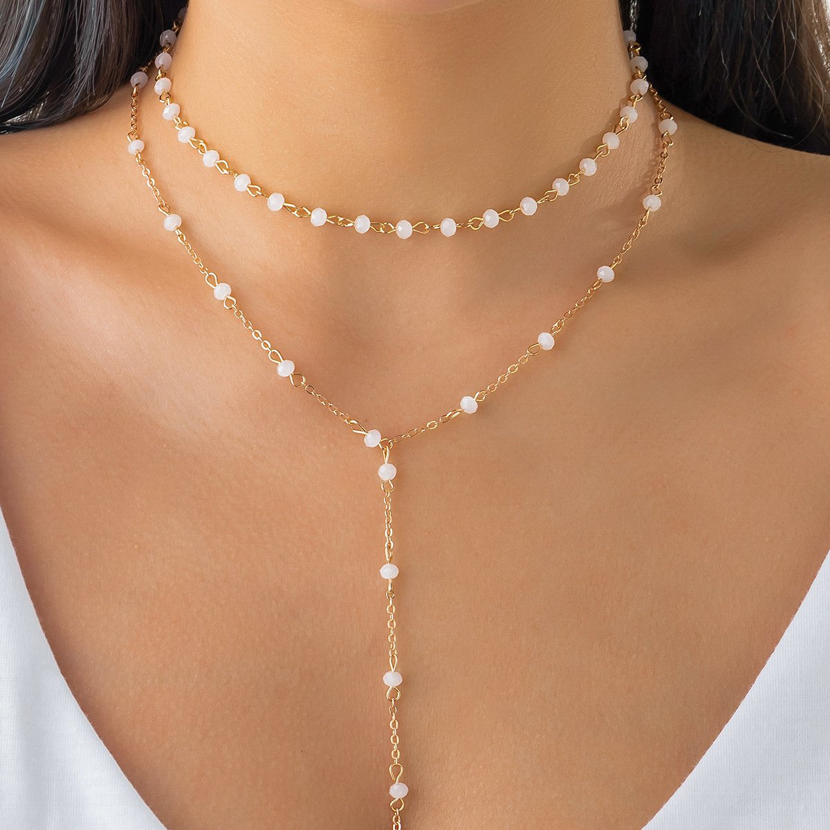 Jewelry simple imitation crystal handmade chain tassel necklace feminine all-match double layer necklace