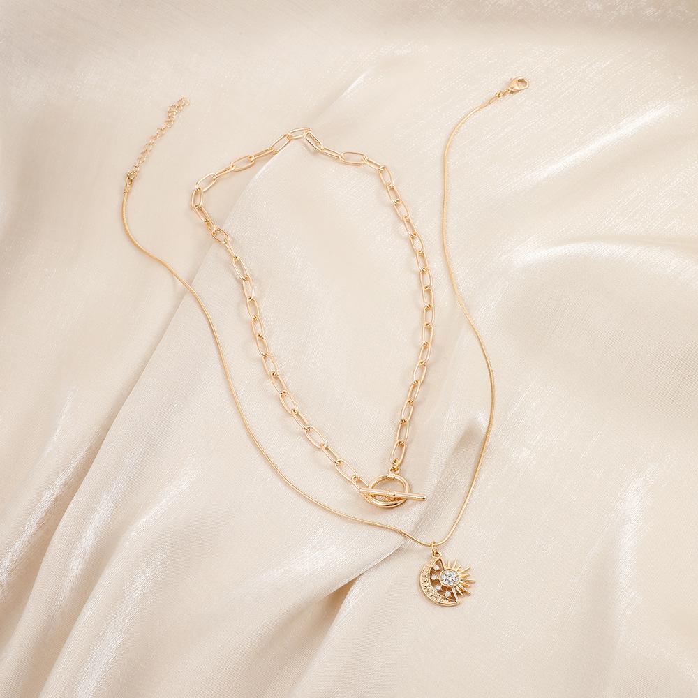 Frosty double-layer gold star moon sun OT buckle chain retro simple all-match ladies necklace
