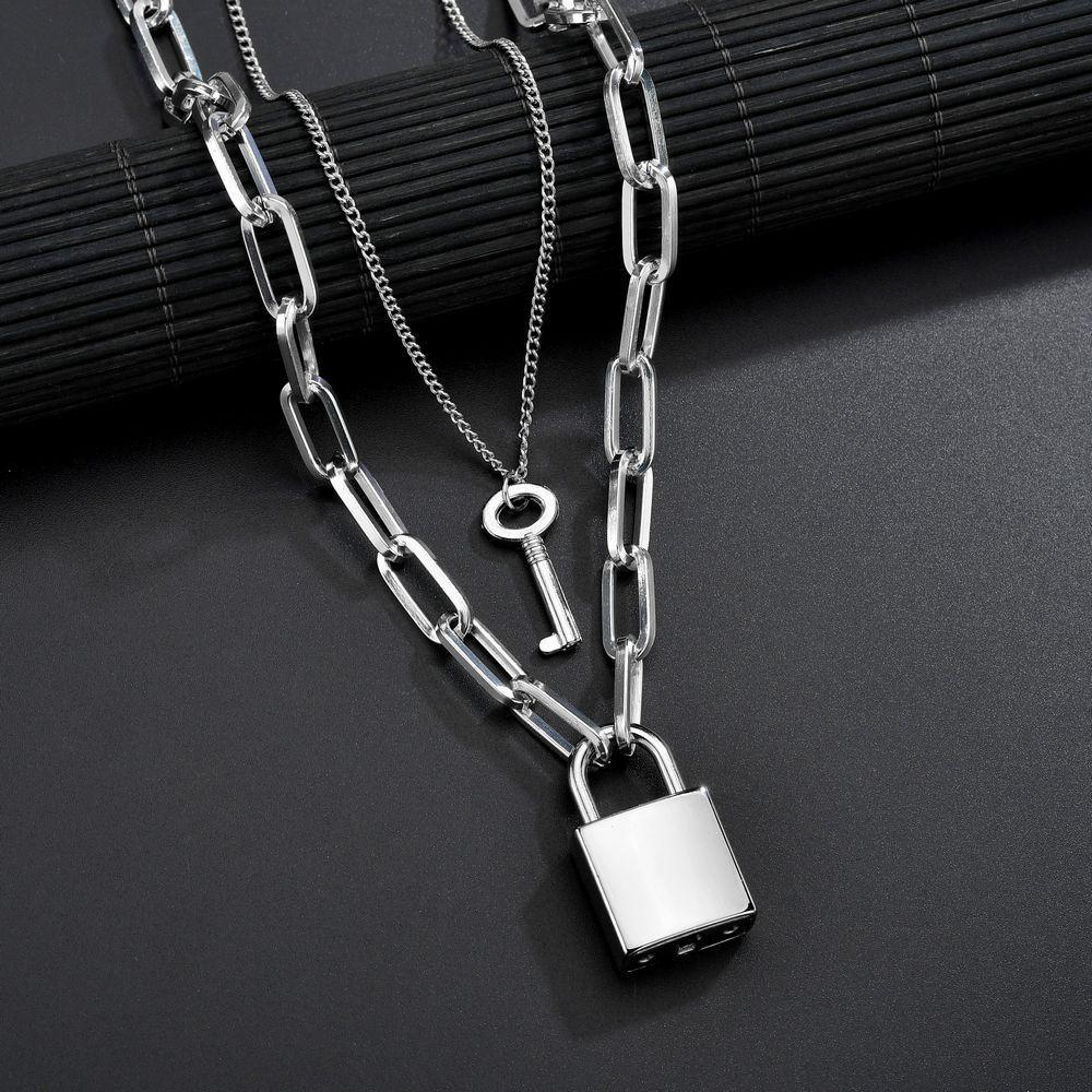 Jewelry Trendy Geometric Lock Pendant Necklace Punk Street Rock Hip Hop Double Layer Necklace Necklace