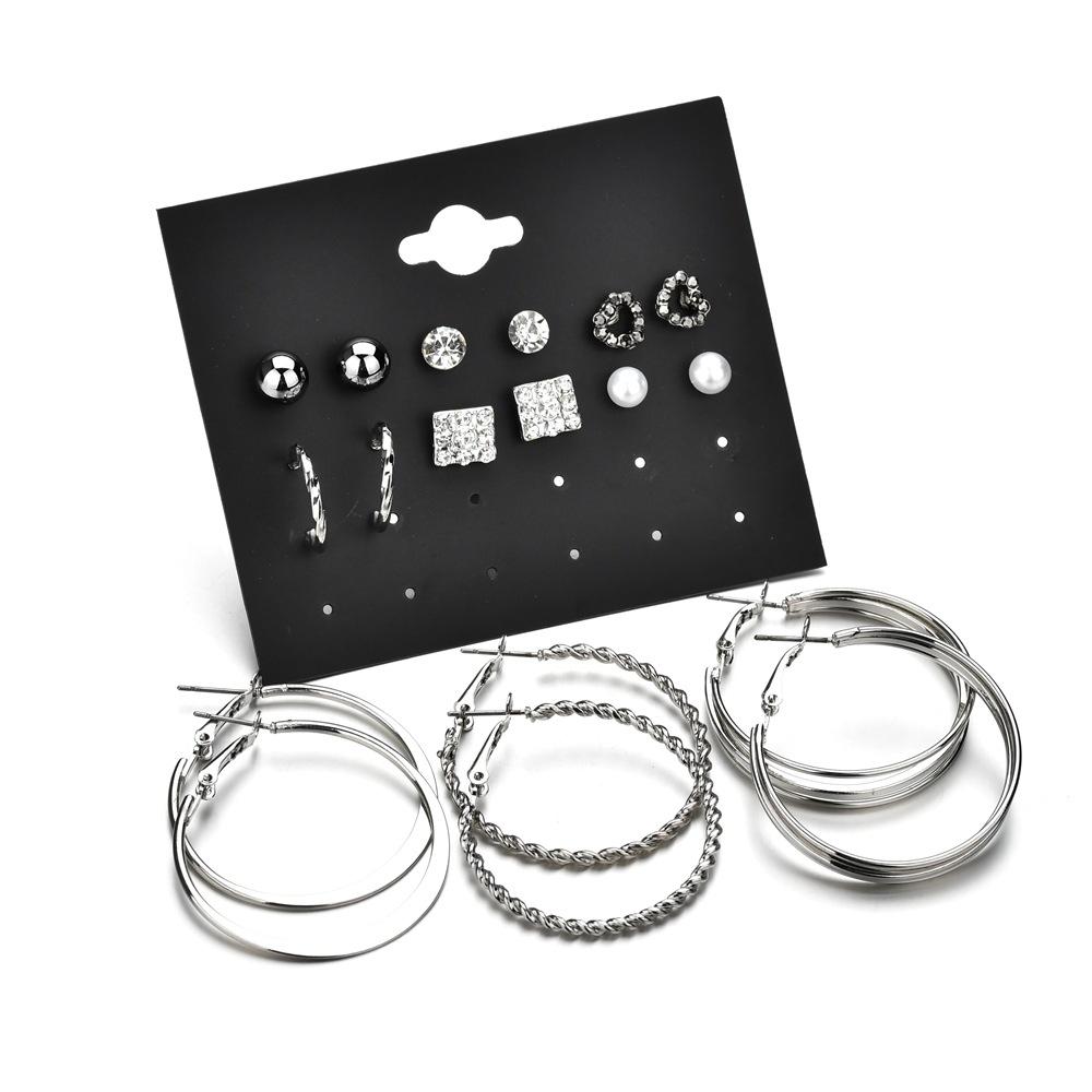 Earring Stud Set Silver 9 Pairs/Set Stud Earrings Circle Combination Set Jewelry Accessories